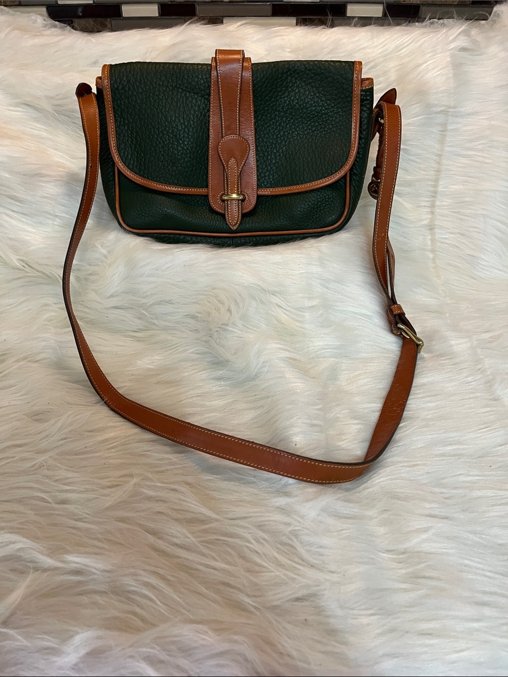 Vintage Dooney & Bourke Forest Green Pebbled Leather Messenger with Brown Trim